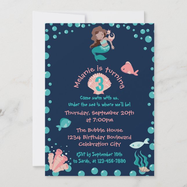 Latina Mermaid with Seahorse | 3rd Birthday Party Invitation (Front)