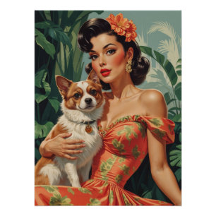 Latina Pin-Up with Cute Dog Poster