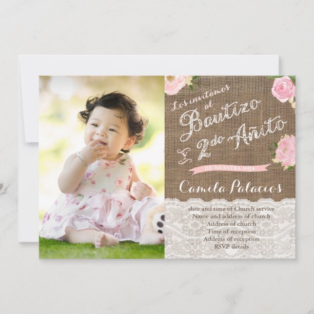 Latina Spanish Baptism 2nd Birthday Party Photo Invitation (Front)