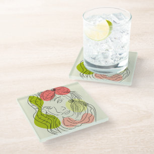 Latina Woman Art Shapes Floral Glass Coaster