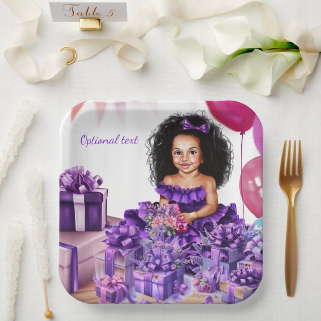Latino Girl Curls Purple Dress Party Paper Plate (Wedding)