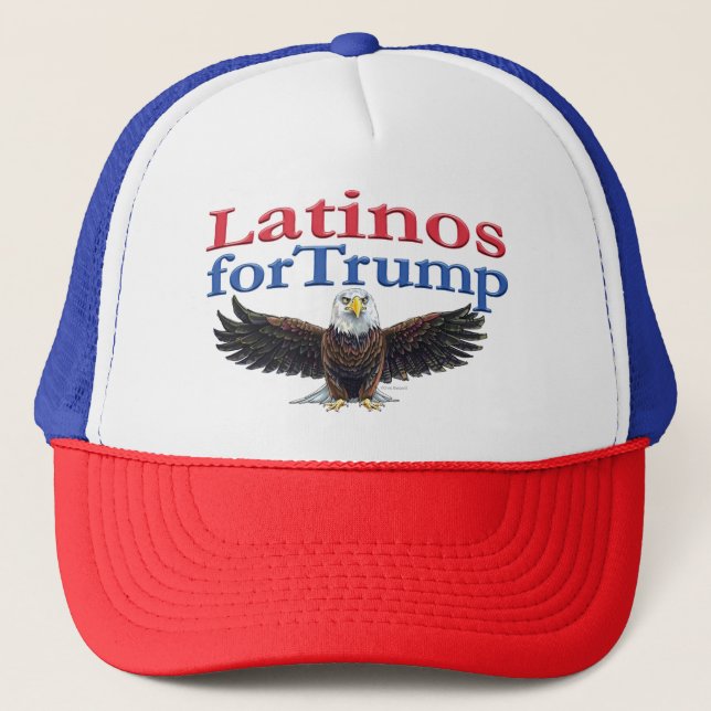 Latinos for Trump Red, White & Blue Eagle Trucker Hat (Front)