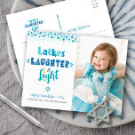 Latkes Laughter Light Modern Fun Hanukkah Photo Holiday Postcard<br><div class="desc">“Latkes, laughter & light.” Fun, whimsical handcrafted typography along with a random Star of David pattern in dusty blue, turquoise and teal on a white background, along with the photo of your choice, help you usher in Hanukkah. Feel the warmth and joy of the holiday season whenever you send this...</div>