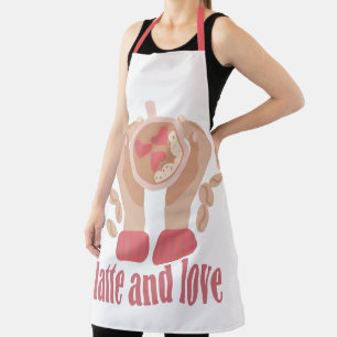 Latte and love cup, hands and coffee quote apron