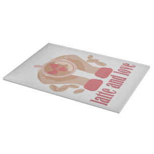 Latte and love cup, hands and coffee quote   cutting board