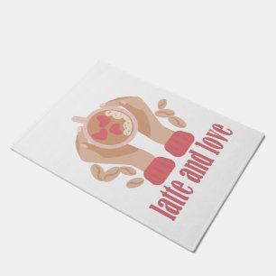 Latte and love cup, hands and coffee quote doormat