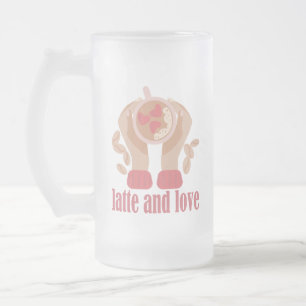 Latte and love cup, hands and coffee quote frosted glass beer mug