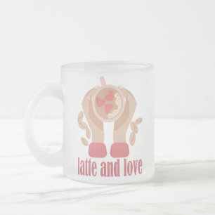 Latte and love cup, hands and coffee quote frosted glass coffee mug
