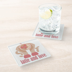 Latte and love cup, hands and coffee quote  glass coaster