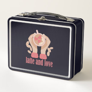 Latte and love cup, hands and coffee quote metal lunch box