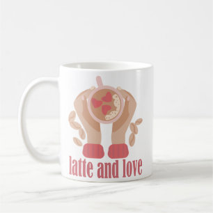 Latte and love cup, hands and coffee quote  mug