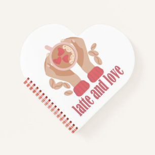 Latte and love cup, hands and coffee quote   notebook