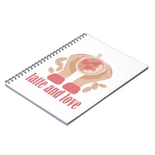 Latte and love cup, hands and coffee quote notebook