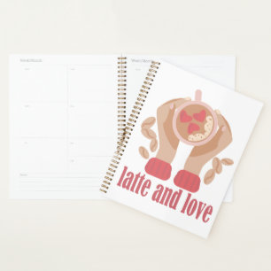 Latte and love cup, hands and coffee quote planner