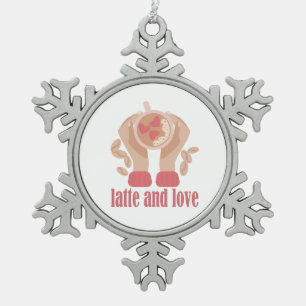 Latte and love cup, hands and coffee quote snowflake pewter christmas ornament