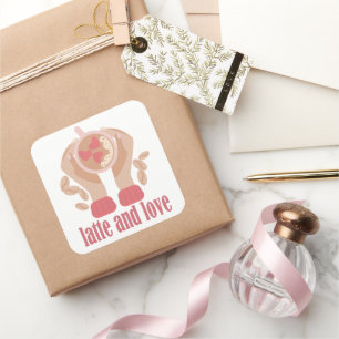 Latte and love cup, hands and coffee quote   square sticker