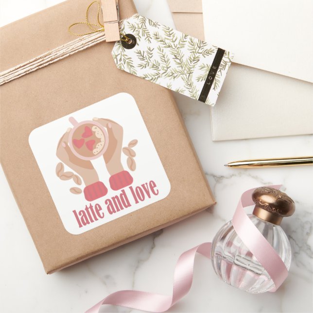 Latte and love cup, hands and coffee quote   square sticker (Gifting)