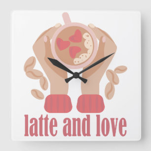 Latte and love cup, hands and coffee quote square wall clock