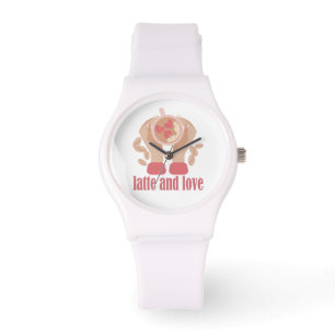 Latte and love cup, hands and coffee quote  watch