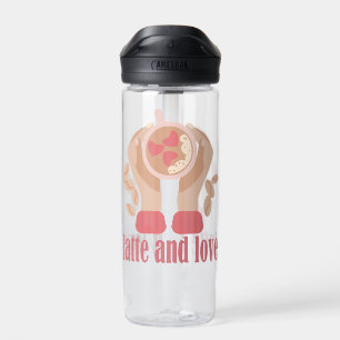 Latte and love cup, hands and coffee quote  water bottle
