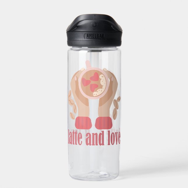 Latte and love cup, hands and coffee quote  water bottle (Back)