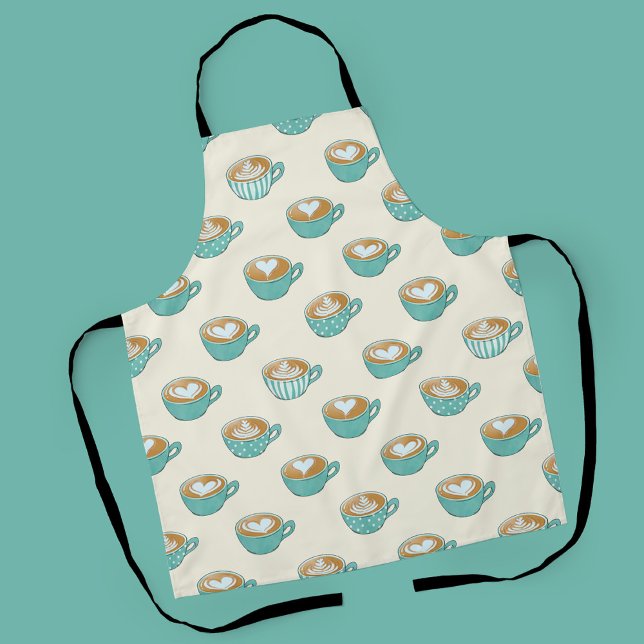 Latte Art in Cute Blue Coffee Mugs Apron (Turquoise Latte Art Pattern Apron)