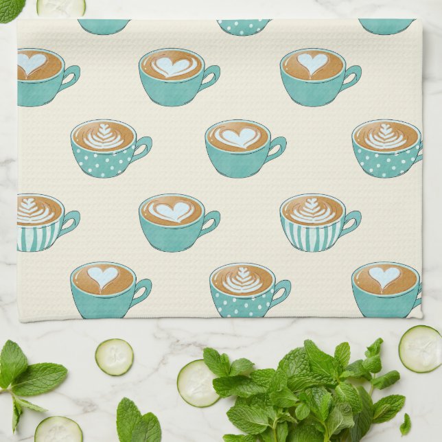 Latte Art in Cute Blue Coffee Mugs Tea Towel (Folded)