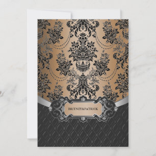 Latte Brown & Black Damask Wedding Invitations