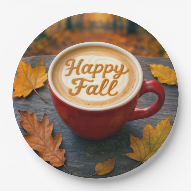 Latte Happy Fall In a Red Mug With Autumn Leaves Paper Plate (Front)