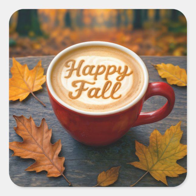 Latte Happy Fall In a Red Mug With Autumn Leaves Square Sticker (Front)
