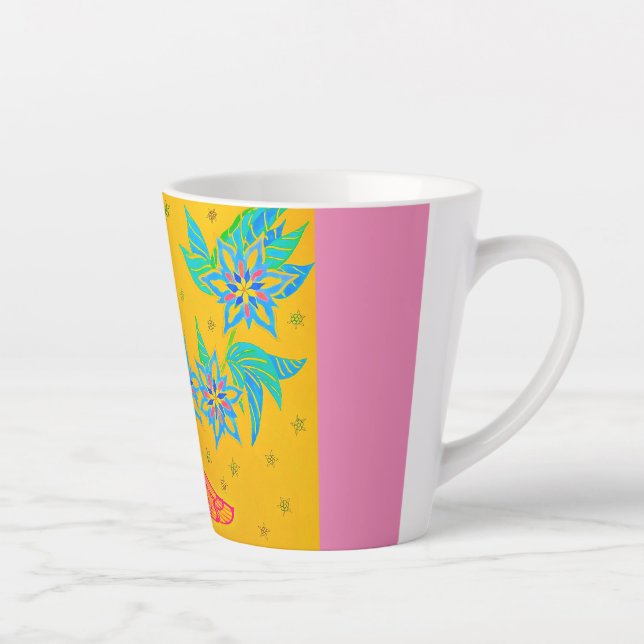Latte Mug Bird , pink yellow, bird and flowers  (Right)