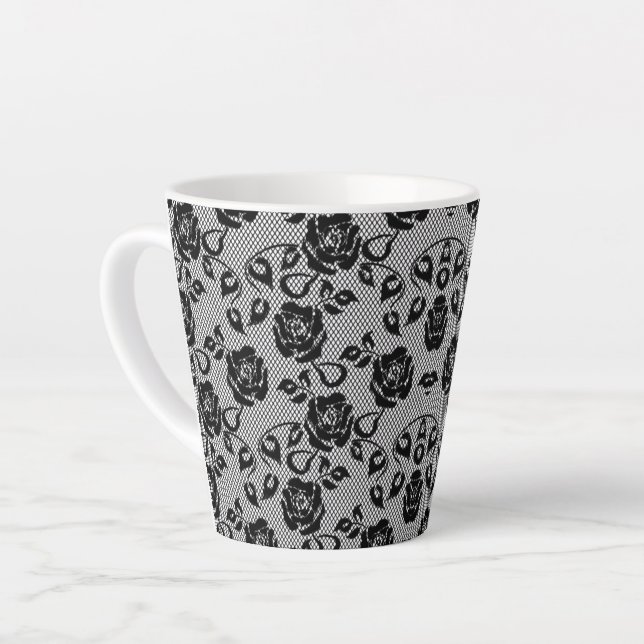 Latte Mug Black Lace with Roses (Left Angle)