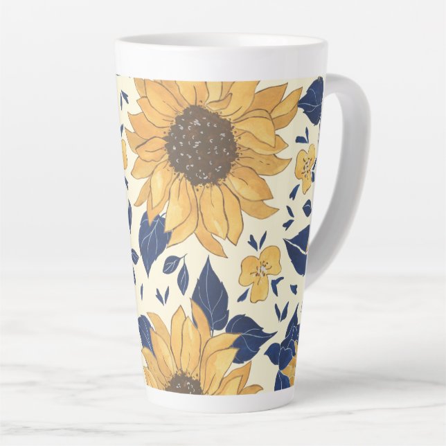 Latte Mug: Navy Blue and Yellow Sunflowers Latte Mug (Right Angle)