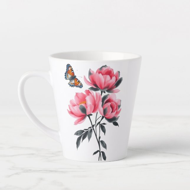 Latte Mug - Pink Peony Flowers, Butterfly (Left)
