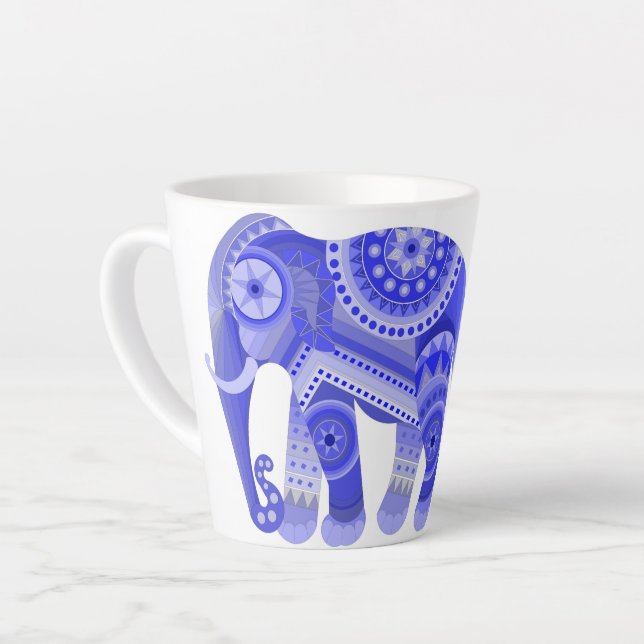 Latte Mug with cool blue elephant (Left Angle)