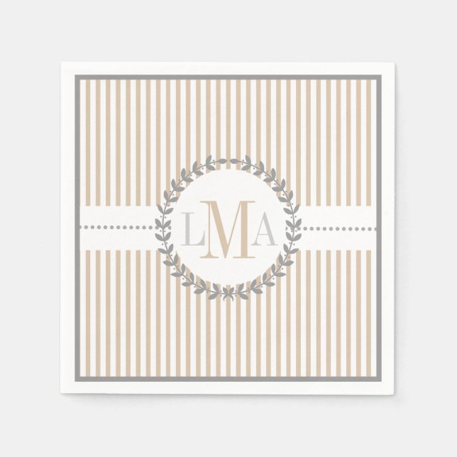 Latte, white striped pattern wedding napkin (Front)