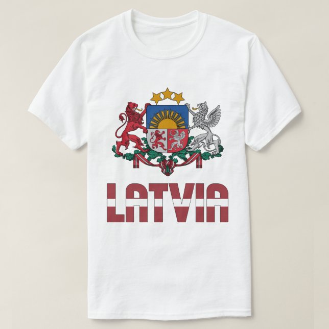 Latvia Flag and Coat Of Arms Patriotic T-Shirt (Design Front)