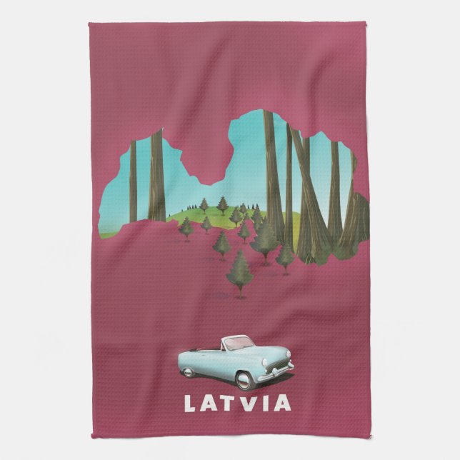 Latvia Illustrated map Tea Towel (Vertical)