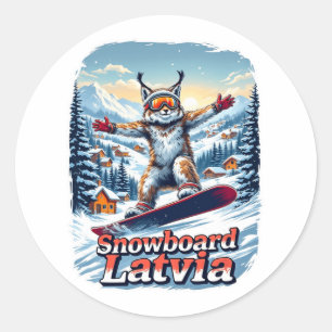 Latvia Snowboarding Lynx In Winter Wonderland  Classic Round Sticker