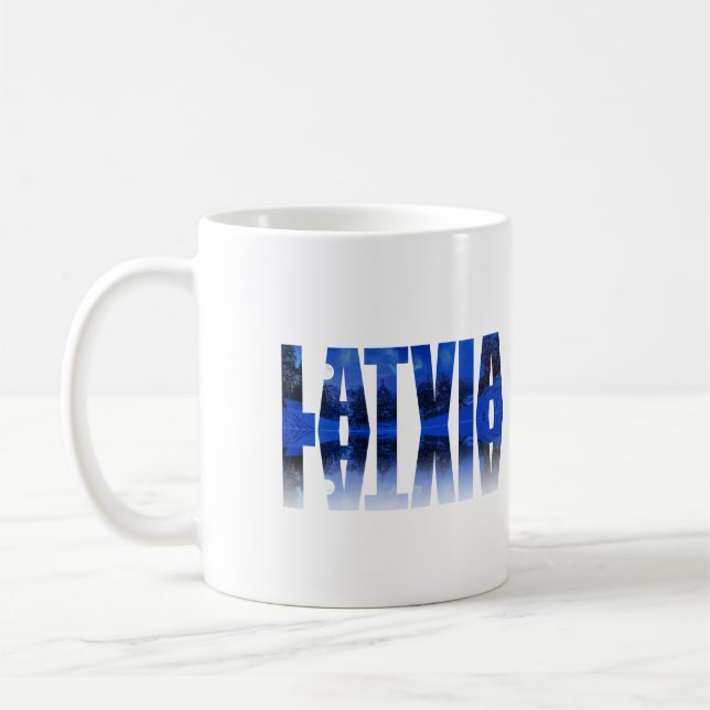 Latvia winter night text with reflection coffee mug (Left)
