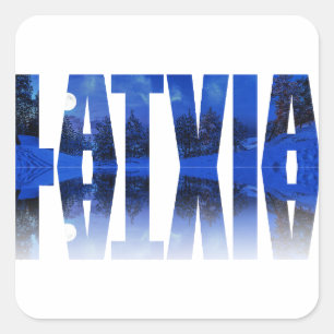 Latvia winter night text with reflection square sticker