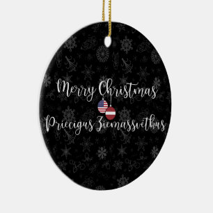 Latvian American Bilingual Merry Christmas Ceramic Tree Decoration