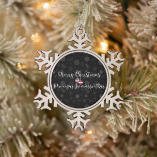Latvian American Bilingual Merry Christmas Snowflake Pewter Christmas Ornament