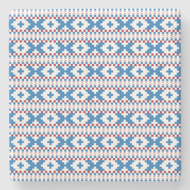 Latvian ancient signs blue, red, white folk art stone coaster (Front)