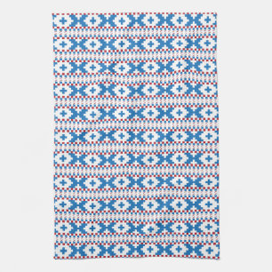 Latvian ancient signs blue, red, white folk art tea towel