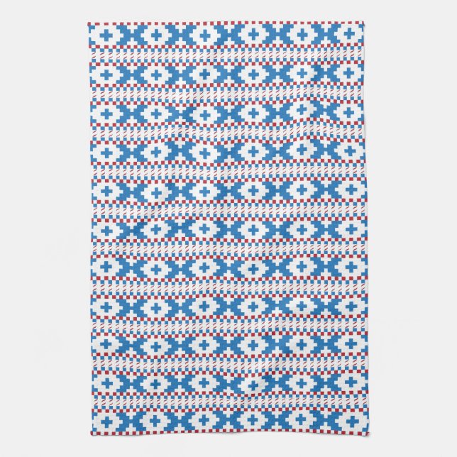 Latvian ancient signs blue, red, white folk art tea towel (Vertical)