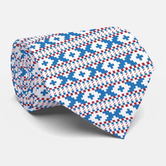 Latvian ancient signs blue, red, white folk art tie (Rolled)