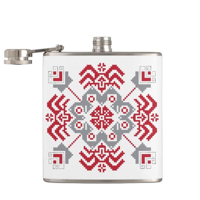 Latvian Auseklis Folk art geometric medallion Hip Flask (Opened)