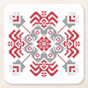 Latvian Auseklis Folk art geometric medallion Square Paper Coaster
