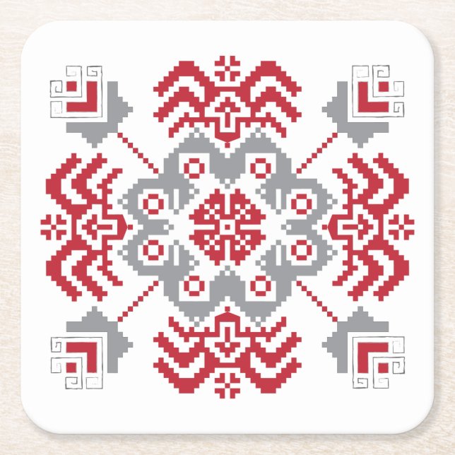 Latvian Auseklis Folk art geometric medallion Square Paper Coaster (Front)